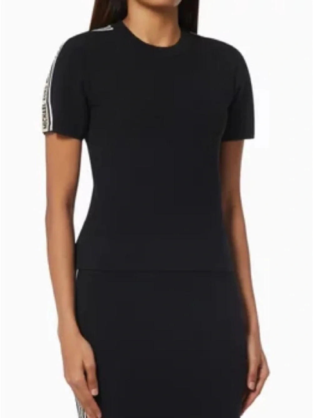 Michael Kors Black Short-Sleeve Crewneck Top with Logo Shoulder Tape